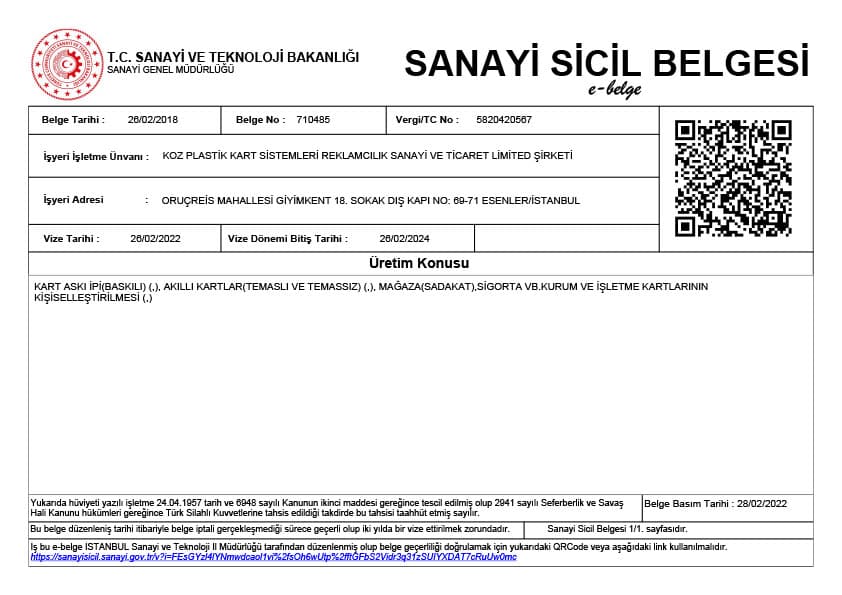 Industrial Registration Certificate - T.R. Ministry of Industry and Technology